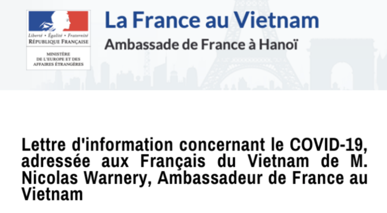 La lettre d’information envoyée aux Français du Vietnam par M. Nicolas Warnery, Ambassadeur de France au Vietnam, concernant l’épidémie de coronavirus COVID-19